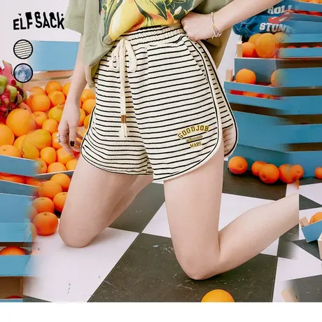 妖精的口袋条纹运动短裤女2023夏季新款宽松高腰直筒休闲显瘦裤子商品大图