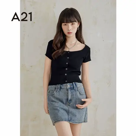 a21女装显瘦短袖t恤毛衫夏季新款单排扣减龄辣妹黑色学院风上衣商品大图