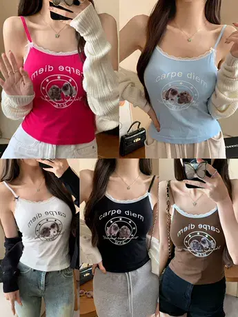 可爱图案印花吊带背心女带胸垫免穿内衣懒人打底上衣修身性感美背图片