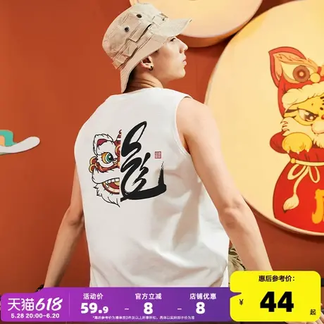 唐狮夏季新款龙年国潮印花圆领男背心休闲时尚上衣白色无袖T恤潮商品大图