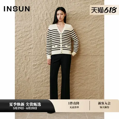 「美丽诺」INSUN恩裳专选2025春季羊绒羊毛V领条纹针织衫商品大图