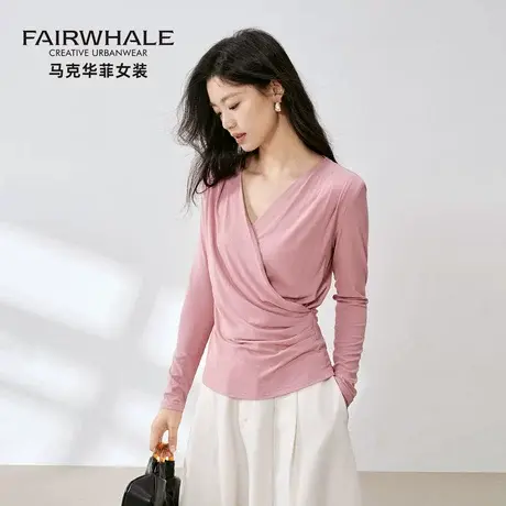 马克华菲桑蚕丝V领修身打底衫女2025新款设计感小众收腰显瘦上衣图片