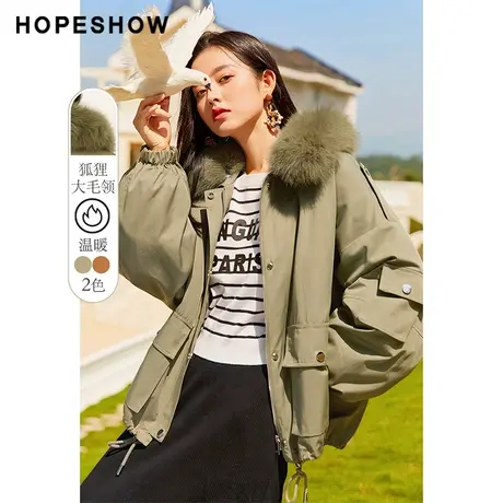 红袖outlets狐狸毛落肩派克服hopeshow冬装新款炸街时尚宽松外套图片