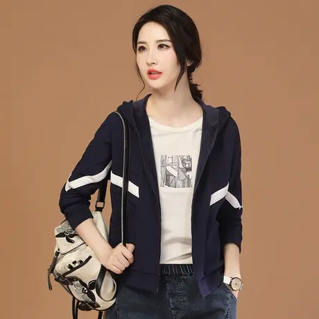 韩潮袭人连帽拼接加绒长袖开衫卫衣女2023冬季新款休闲百搭短外套图片