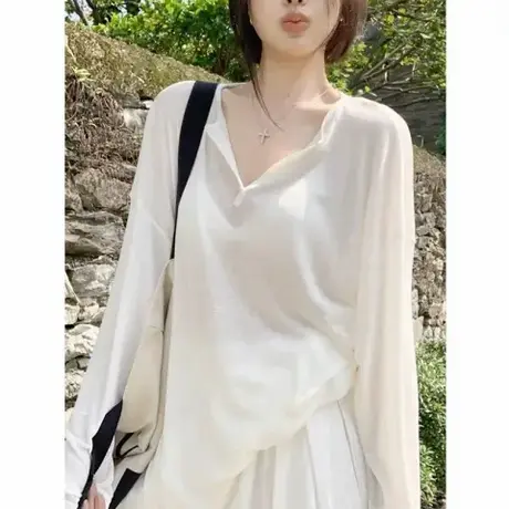 半开v领防晒罩衫女2025夏季新款慵懒松弛感穿搭薄款外搭长袖体恤商品大图