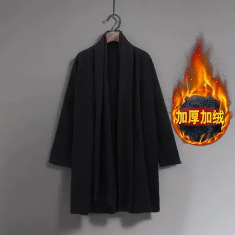 冬天风衣男加绒加厚中国风复古中长款开衫大码上衣服亚麻长袍外套商品大图