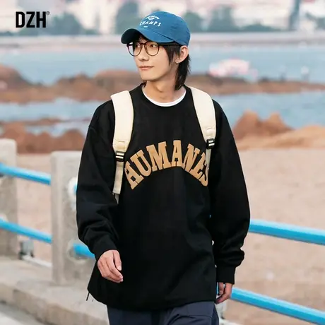 男士黑色卫衣男圆领秋季潮牌鹿皮绒外套2023新款美式高街春装上衣商品大图