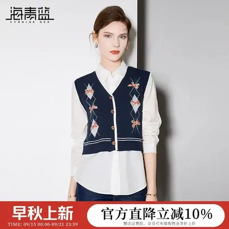 海青蓝菱形格子针织开衫马甲2025秋装新款V领撞色减龄单排扣毛衣商品大图
