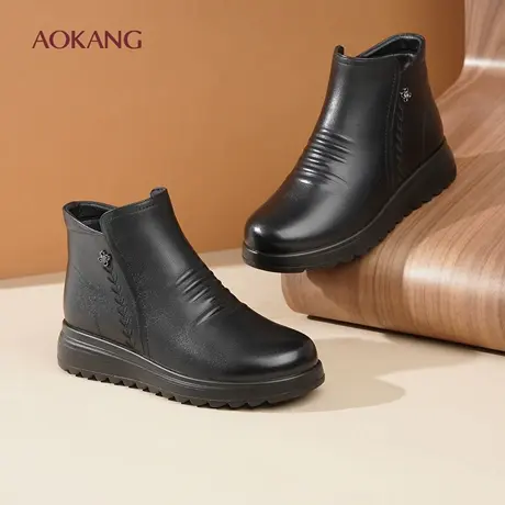 奥康 女鞋冬季新款高帮鞋加绒保暖真皮厚底棉鞋中老年妈妈棉鞋L图片