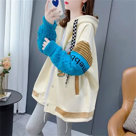 设计感卡通刺绣连帽卫衣开衫女冬季2022新款宽松加绒拼接上衣外套商品大图