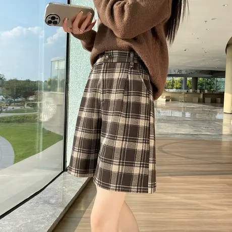 毛呢格子西装短裤女2023秋冬季外穿高腰直筒阔腿宽松休闲五分靴裤商品大图