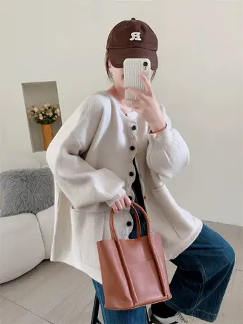 复古波浪边花朵针织开衫女2023年早秋新款宽松慵懒风休闲毛衣外套图片