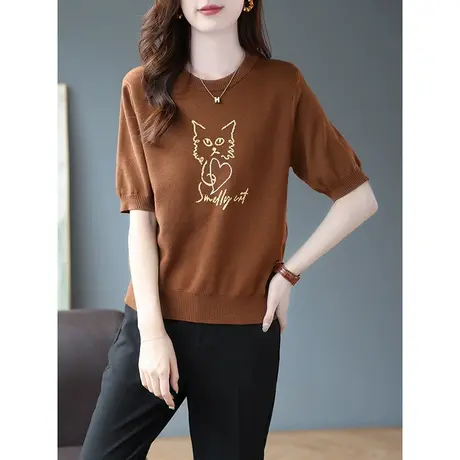 宝诗黎圆领提花短袖针织衫早秋上衣2023新款韩版宽松打底休闲毛衣商品大图