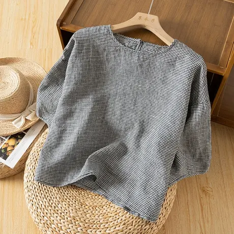 享永子七分袖亚麻格子上衣女文艺复古宽松显瘦棉麻T恤2023新款夏图片