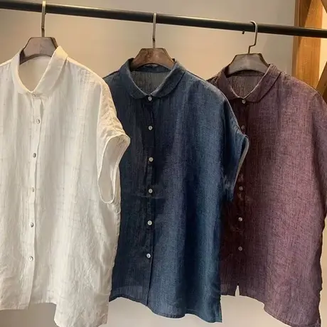 享永子短袖亚麻衬衫女文艺复古宽松棉麻上衣休闲百搭2023夏季新款商品大图