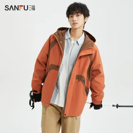 三福2023冬男士弧形撞色长棉衣 时尚休闲宽松连帽外套男477305图片