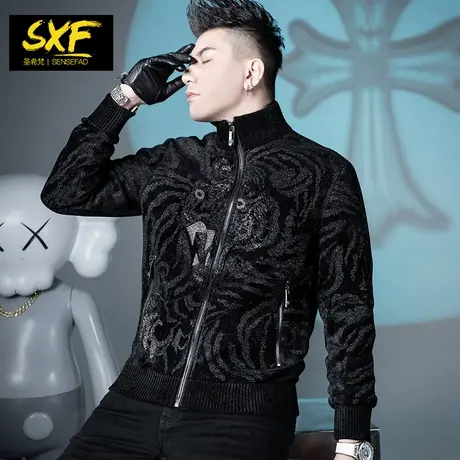 SXF圣希梵针织外套男 秋冬季新款立领上衣港风虎头烫钻男士夹克潮商品大图
