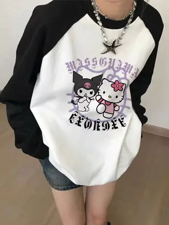 hellokitty凯蒂kt猫纯棉长袖t恤女插肩袖宽松大码卡通ins上衣图片