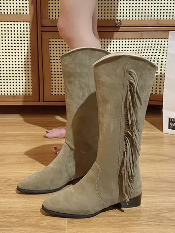 西部牛仔靴女设计感小众V口不过膝长筒靴2023新款网红爆款骑士靴商品大图