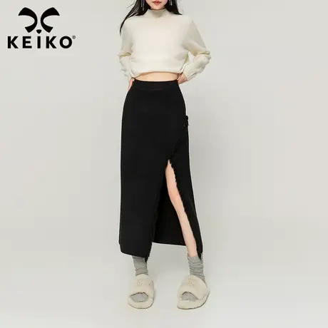 KEIKO 黑色针织半身裙中长款2023秋冬性感高开叉显瘦A字包臀裙子图片