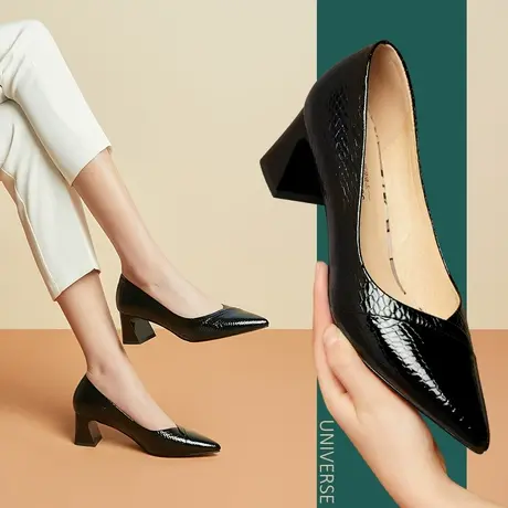 休闲皮鞋女年新款春秋黑色鞋子全皮软底浅口粗跟尖头真皮单鞋商品大图