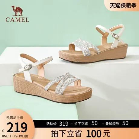 母亲节礼物骆驼女鞋2023夏季新款坡跟凉鞋女真皮时尚妈妈凉鞋女图片