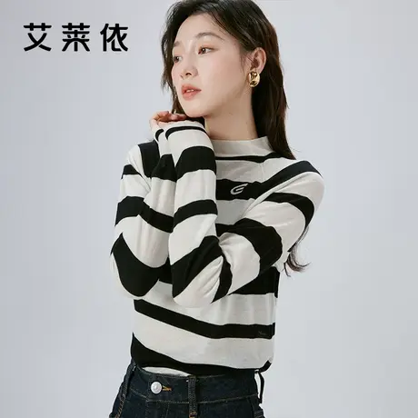 艾莱依条纹针织衫秋季2023新款女装半高领长袖时尚撞色高级感上衣商品大图