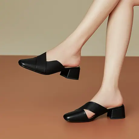 夏季新款真皮法式包头拖鞋女舒适软皮软底牛皮中粗跟百搭时尚女鞋商品大图