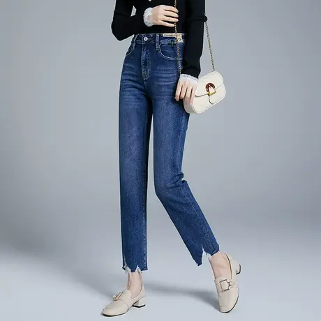 丽洁女裤直筒牛仔裤女2023年新款高腰修身显瘦九分裤小个子烟管裤商品大图