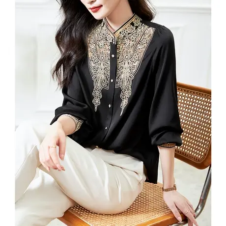 宝诗黎小立领蕾丝拼接桑蚕丝衬衫223夏季新款长袖真丝设计感上衣商品大图