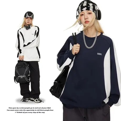 复古拼接卫衣女春秋2023年新款潮牌街头秋装宽松oversize无帽上衣商品大图