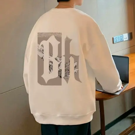 oversize无帽卫衣男秋冬季美式复古外套长袖圆领高街潮牌宽松衣服商品大图