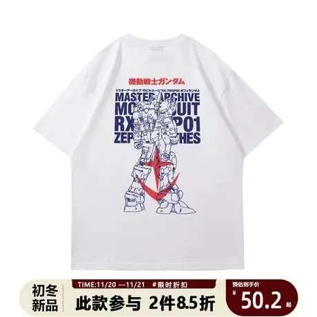 2023新款日系青少年高达T恤重磅短袖男动漫落肩全棉古着vintge商品大图