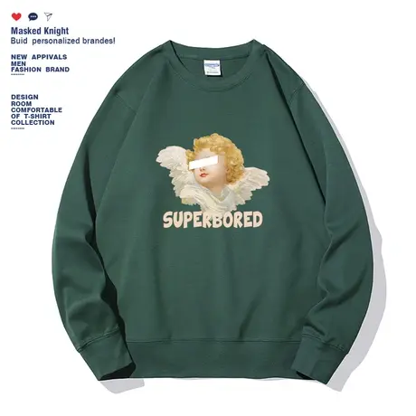 秋季欧美潮牌复古天使印花卫衣男青少年加绒圆领套头宽松休闲上衣商品大图