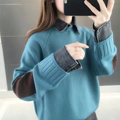 2023春装新款韩版宽松纯色长袖牛仔领拼接套头针织衫女士毛衣打底图片