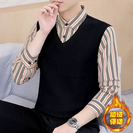 秋冬季男士加绒加厚毛衣保暖针织马甲衬衣假两件条纹衬衫领上衣服商品大图