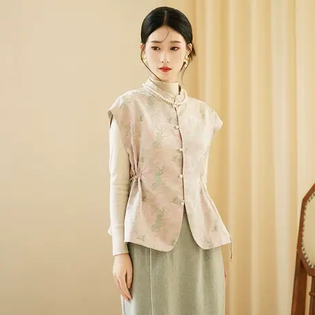 素飞新中式马甲改良唐装宋锦松间鹤图案抽绳收腰显瘦背心女SU5003图片