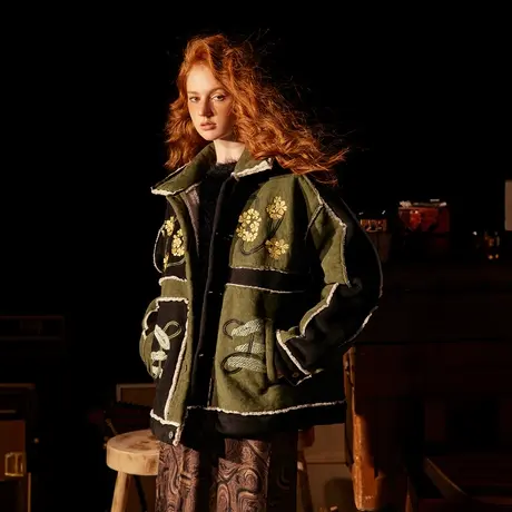 潮牌拼接麂皮绒棉服女2023年新款冬季加厚羊羔毛外套复古宽松棉衣图片