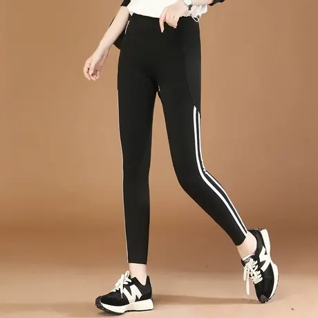 韩潮袭人侧条纹鲨鱼裤女2024春季新款高腰瘦腿运动健身瑜伽打底裤图片