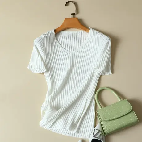 2024春夏新款冰丝针织衫女大码宽松V领打底衫纯色短袖t恤女ins潮商品大图