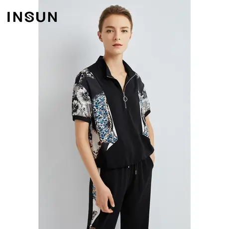 INSUN恩裳奥莱夏季针织拼接印花套头卫衣式宽松休闲T恤商品大图