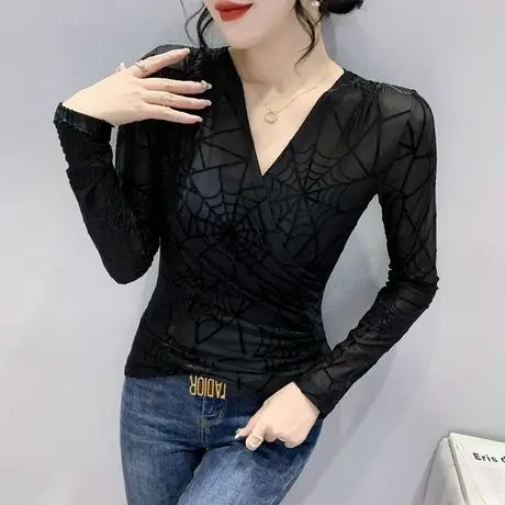 性感黑色网纱上衣女长袖2024春秋新款交叉V领T恤紧身百搭打底衫女商品大图