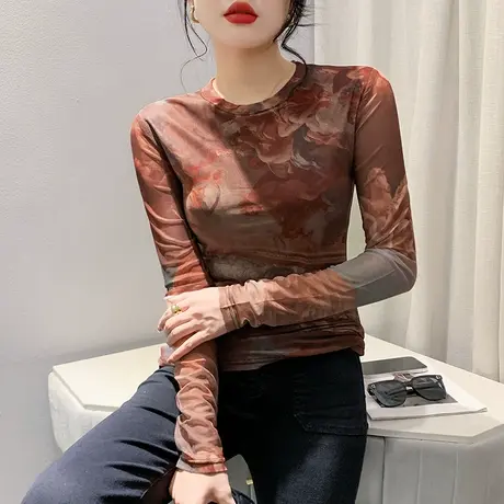 复古印花雪纺衫女长袖洋气内搭网纱打底衫秋装时尚圆领修身上衣潮图片