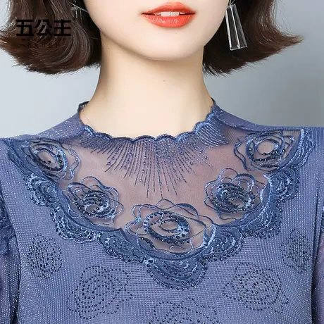五公主洋气蕾丝打底衫新款春秋女妈妈显瘦小衫网纱内搭半高领上衣商品大图