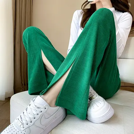 开叉微喇阔腿裤女绿色裤子高腰垂感宽松直筒显瘦春秋季休闲喇叭裤商品大图