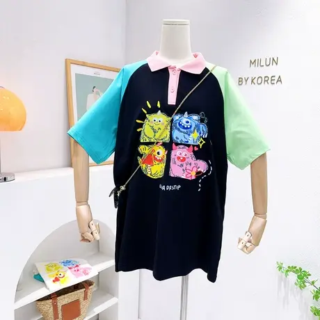 设计感拼色连衣裙2023夏季ins原宿风港味中长款polo领T恤裙欧货潮图片