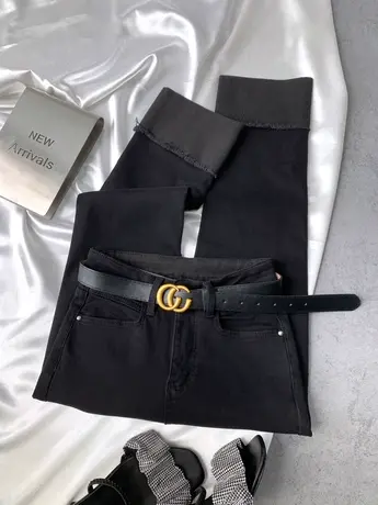 黑色加绒卷边牛仔直筒裤2023冬新款显瘦百搭高腰小个子九分窄脚裤商品大图