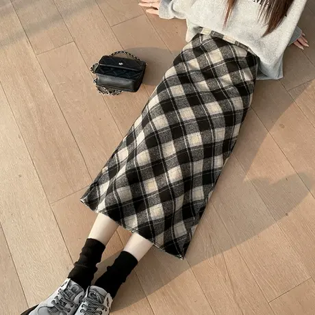 毛呢格子半身裙女秋冬复古高腰显瘦气质格纹中长款a字一步包臀裙图片