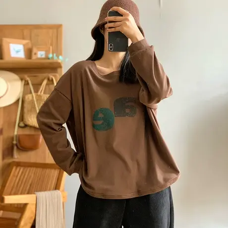 dza复古圆领纯棉双面绒T恤女2023秋冬新款宽松内搭上衣长袖打底衫商品大图