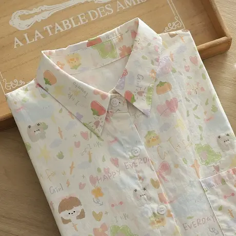 秋季日系文艺清新学院风粉色印花纯棉长袖衬衫女学生宽松打底上衣商品大图